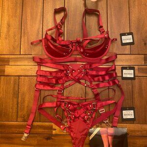 Honey Birdette Stephanie Black Cherry 3 piece set with stockings